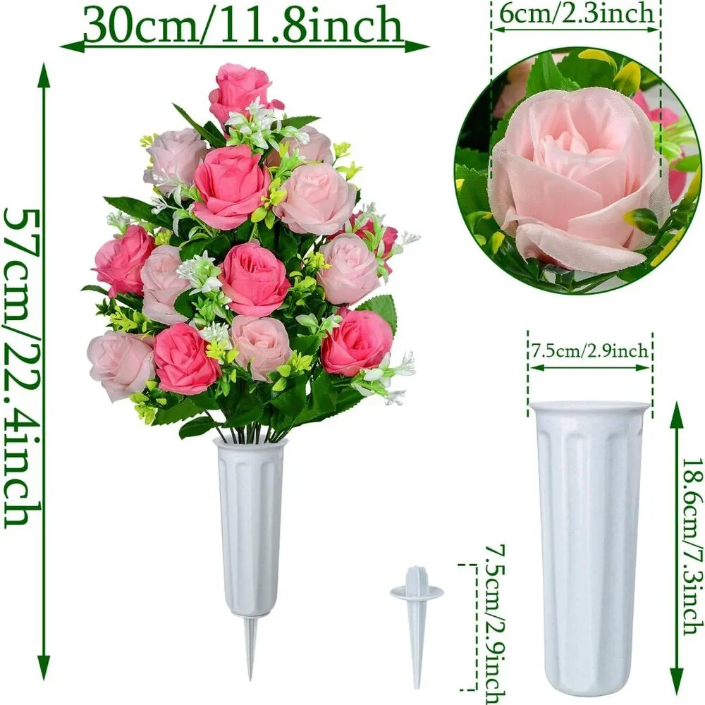 2 Cemetery‎ Flower Vases with Pink and White Silk Roses Beautiful